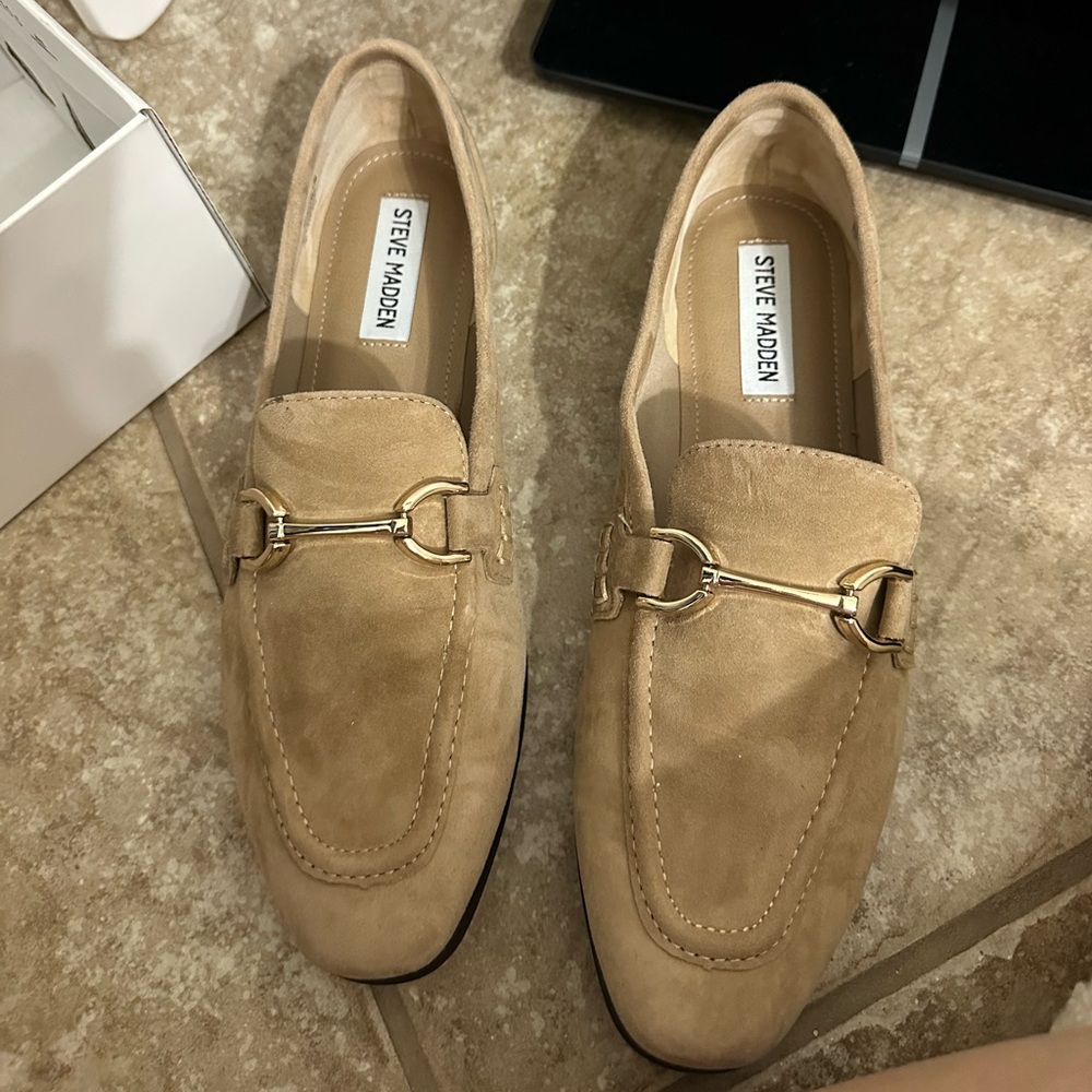 Steve Madden Tan Suede Loafers with Gold Accent